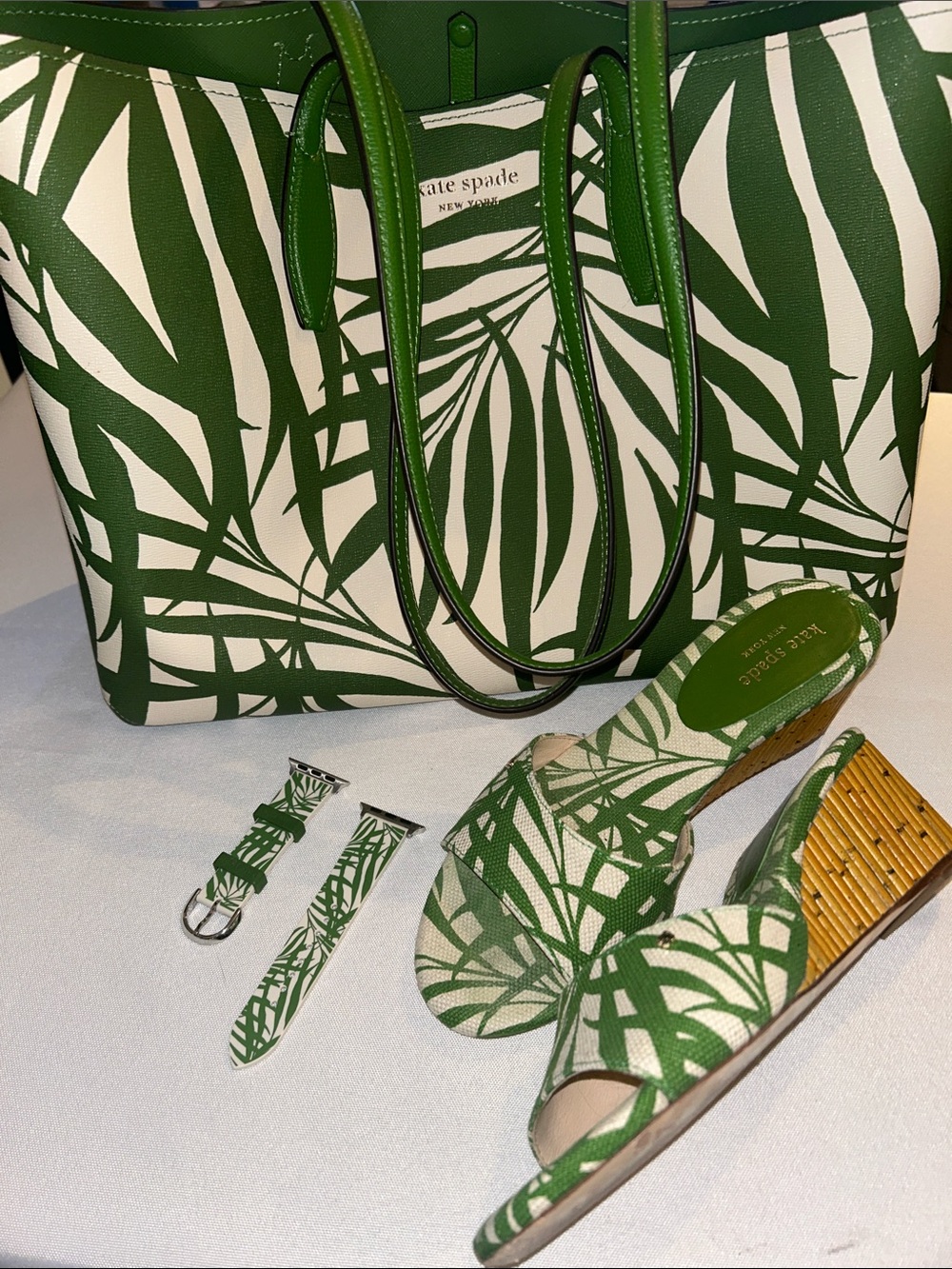 Kate Spade Palm Fronds SET Large Tote, Wedge Slides sz 7, & Apple Watch Band EUC